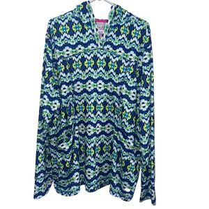 Reel Legends Womens 3X Hooded Performance Top Blue Lime Ikat Print Thumbholes